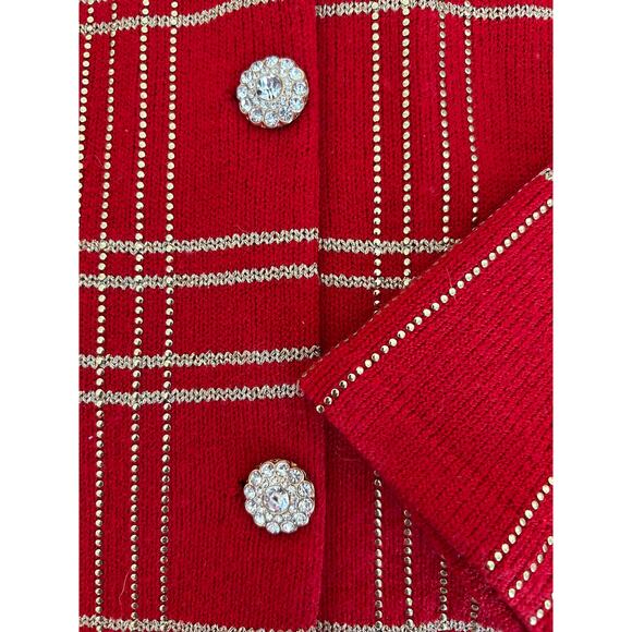 Toula Vintage Red & Gold Plaid Knit Suit with Pleated Skirt size 8 - Picture 4 of 8